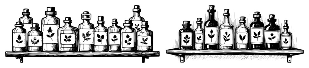 apothecary shelf with magic potion bottles sketch vector © Aisha Kudorova