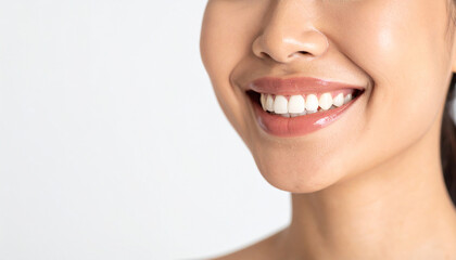 Obraz premium Close-up of a woman's teeth smiling confidently on isolated white background.