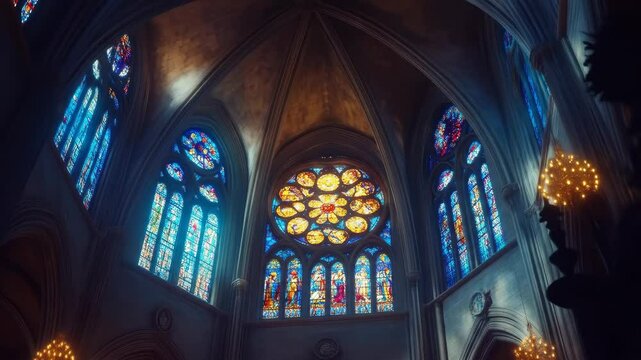An inspiring view of stained glass in a cathedral, showcasing the beautiful architecture and light, creating a sacred atmosphere.