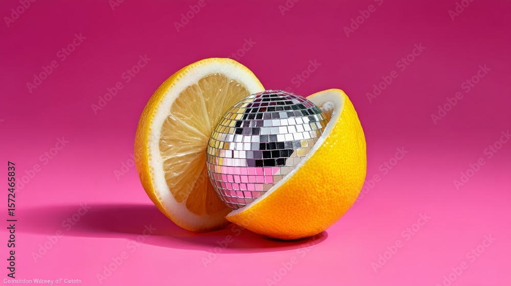 Aufkleber lemon is cut in half and a disco ball is placed inside. the image has a fun and playful mood, with t