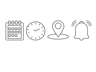 Address, date, time icon set. calendar, location, clock. vector logos