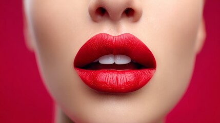 Obraz premium Woman with red lips and a red background. The lips are very full and the woman has a very pretty smile