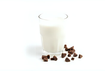 Flatlay of a clear glass of fresh milk with small chunks of dark chocolate scattered beside it on white background. Clean and simple concept, perfect for snack or dessert themes.