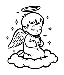 cute praying angel boy sitting on cloud cartoon illustration