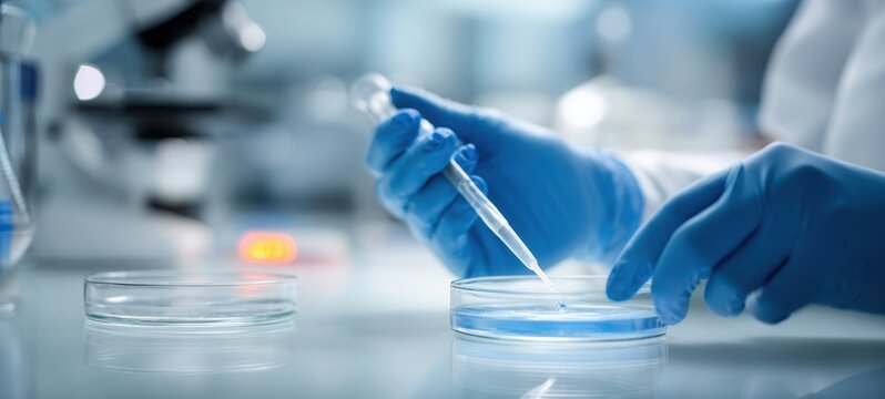 The scientist using a pipette to transfer liquid into a petri dish.