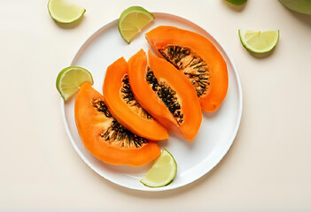 Flat lay of ripe papaya slices neatly arranged with lime wedges on a white plate. Clean tropical style with natural daylight and neutral background.