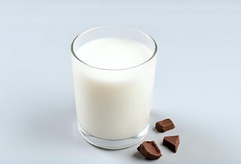 Flat lay of a clear glass of fresh milk with small chunks of dark chocolate scattered beside it on light gray background. Clean and simple concept, perfect for snack or dessert themes.