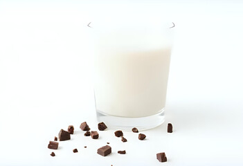 Flatlay of a clear glass of fresh milk with small chunks of dark chocolate scattered beside it on white background. Clean and simple concept, perfect for snack or dessert themes.