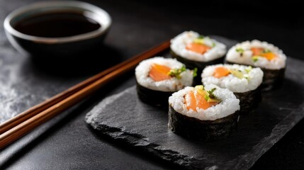Black slate plate with six sushi rolls on it. the sushi rolls are made with white rice and are arranged in a neat row. each roll is topped with a small piece of salmon and a sprinkle of green herbs.