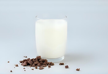 Flat lay of a clear glass of fresh milk with small chunks of dark chocolate scattered beside it on light gray background. Clean and simple concept, perfect for snack or dessert themes.