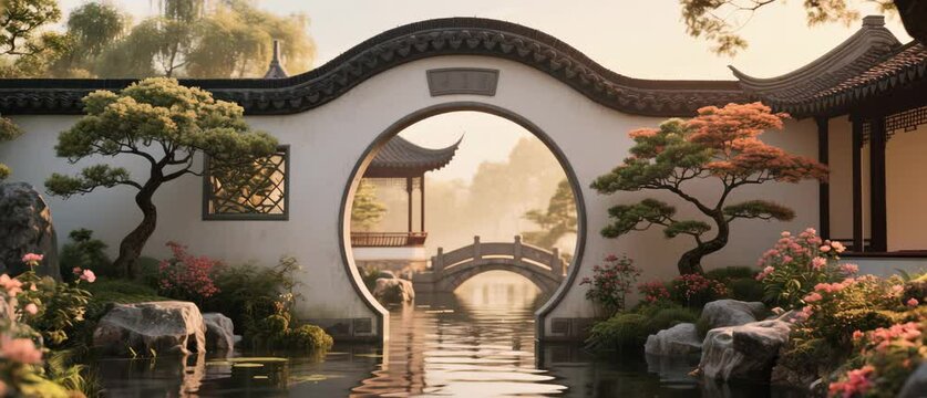 Serene traditional Chinese garden with reflection pond, archway entrance, and bonsai trees for backgrounds and travel posters