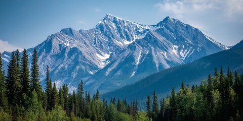 Majestic Canadian Rocky Mountains Landscape Snow capped Peaks and Evergreen Forest Panorama