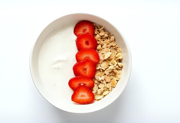 Flatlay of bowl filled with white yogurt, granola, and fresh strawberry slices. Clean and bright layout on white background, health-focused breakfast scene.
