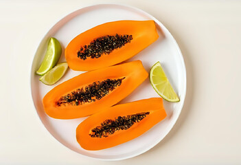 Flat lay of ripe papaya slices neatly arranged with lime wedges on a white plate. Clean tropical style with natural daylight and neutral background.