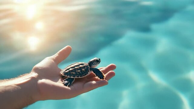 Human hand holds tiny sea turtle hatchling over vibrant blue ocean water under bright sun