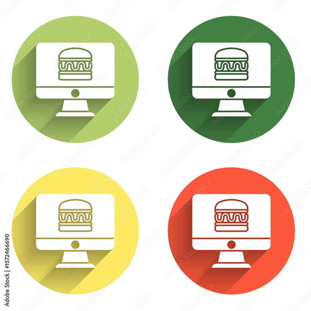 Aufkleber set online ordering and fast food delivery icon isolated with long shadow background. color circle b