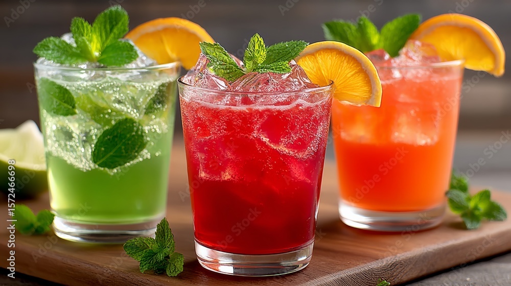 Poster three colorful drinks with a slice of lime on top. the drinks are in different colors and are served