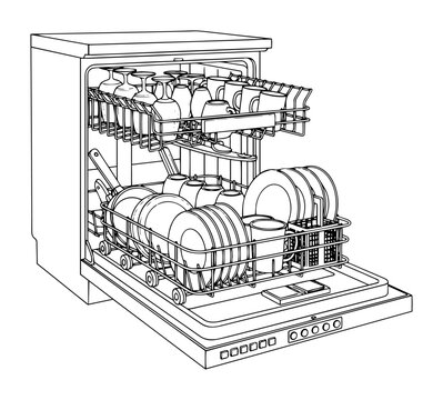 open dishwasher with clean dishes and plates line art vector