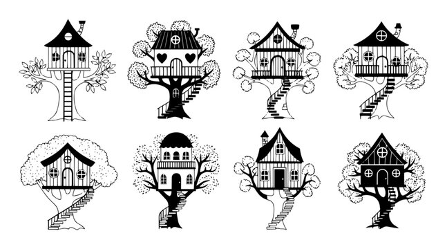 collection of cute treehouse silhouette vector icons set
