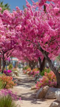 Fototapeta Pathway Through Rows of Pink Cherry Blossom Trees