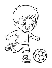 cute boy playing soccer cartoon outline illustration
