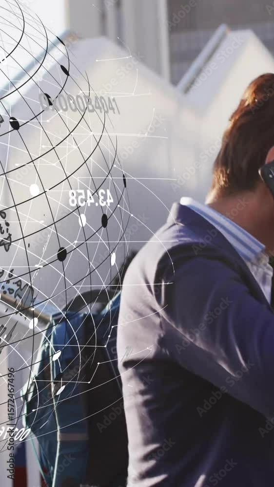 Poster animation of data processing and globe over asian businessman talking on smartphone