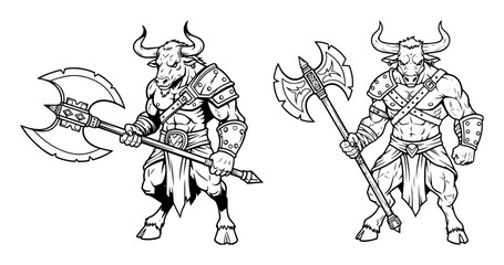 minotaur warrior with axe fantasy character vector line art © Aisha Kudorova