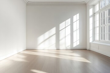 A large empty room with a white wall and wooden floors. Bright living room interior with white empty wall.