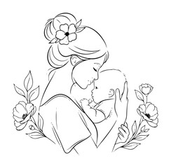 mother holding baby with flowers line art illustration