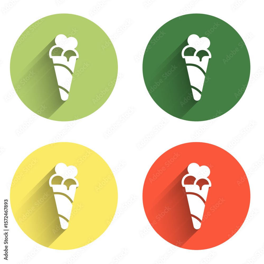 Poster set ice cream in waffle cone icon isolated with long shadow background. sweet symbol. color circle b