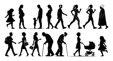 people life cycle and ages walking silhouette vector set
