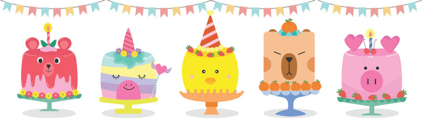 Set of Birthday cake cartoon elements clipart .Colorful cute animal cake collection for party, wedding, anniversary and holiday celebration yummy dessert, vector illustration.