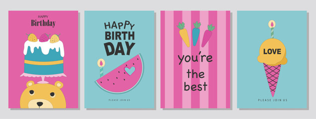 Set of children's birthday greeting cards .Cute animals design.poster,template,greeting cards,bear,Vector illustrations.