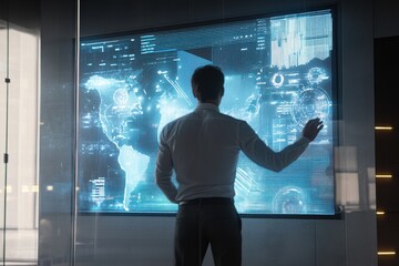 Businessman analyzing holographic data charts on transparent. A man is touching a screen with his finger, and the image is of a cityscape.