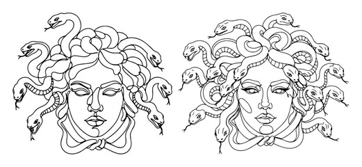 medusa gorgon head with snakes vector line art illustration set, greek mythology symbol