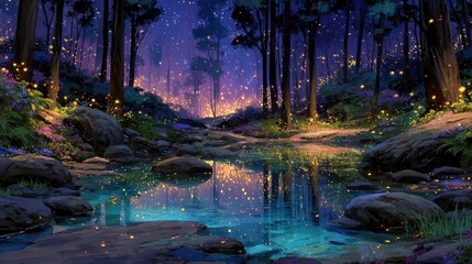 Enchanted Forest at Night with Glowing Will-o'-the-Wisps