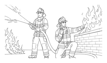 firefighters extinguishing a fire with water hose line art vector