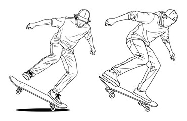 skateboarder in action line art vector illustration set