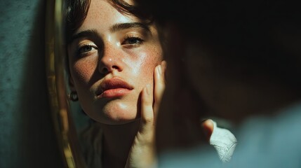 Person looking in mirror while touching a sore spot on the face. 