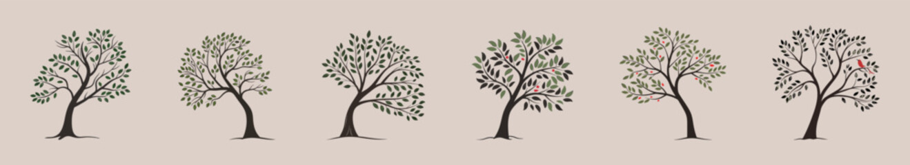 Diverse leafless tree silhouettes