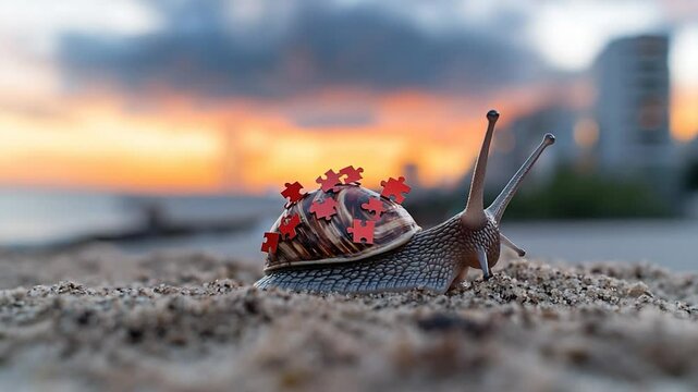 Snail with red puzzle pieces on shell moving slowly on sandy ground at sunset with blurred background