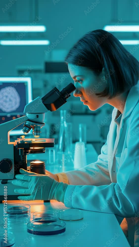Aufkleber scientist using microscope in lab: a focused female scientist meticulously examines a specimen under