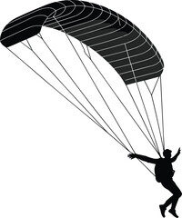 Silhouette of person paragliding, extreme air sport vector, flying with parachute, adventure activity, black flat design, CAD illustration artwork