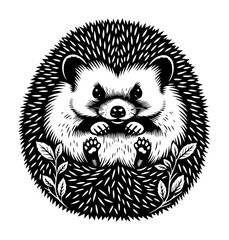 cute hedgehog curled in ball with leaves