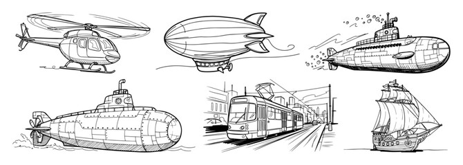 hand drawn transportation vehicles set helicopter airship submarine train ship © Aisha Kudorova