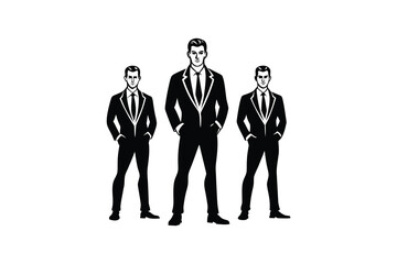 Three Confident Businessmen Standing Together in Suits Black and White Silhouette Style