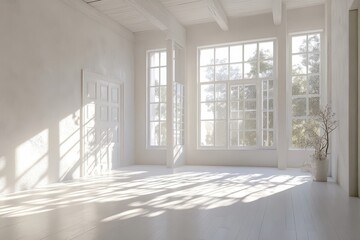 Obraz premium A white room with a window and a wooden table. Close view on bright kitchen room interior with white wall.