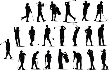 Obraz premium Silhouette vector of male golfers playing, swinging, standing, putting, carrying golf bag, professional golf illustration, flat isolated design art