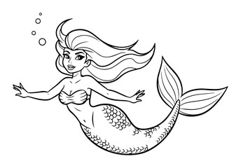cute cartoon mermaid swimming line art for coloring book
