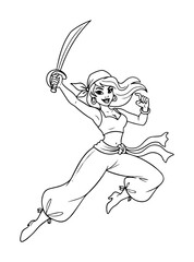 arabian princess warrior with sword coloring page vector © Aisha Kudorova